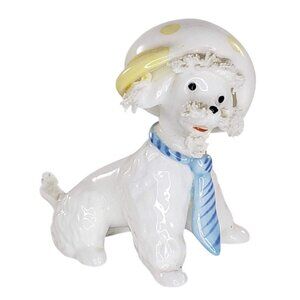 Vintage Napco Spaghetti Poodle Dog Figurine Yellow Polka Dot Hat & Blue Tie